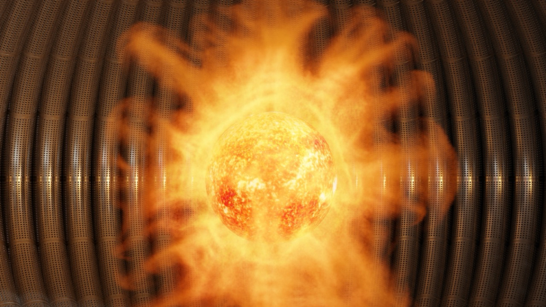 Los núcleos atómicos de hidrógeno se combinan para generar energía similar al sol en un reactor. Ilustración 3D del concepto de fusión nuclear y su sostenibilidad y energía limpia. Foto: Shutterstock