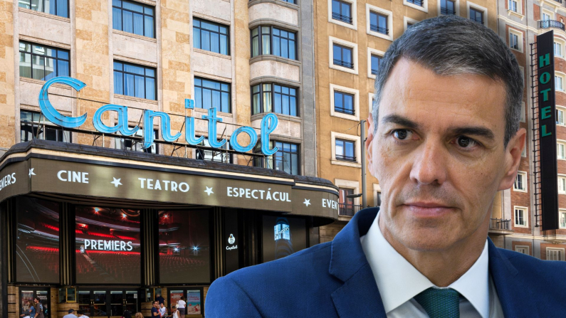 Composición hecha por Epoch Times España con foto de Pedro Sánchez, durante una reunión con Yolanda Díaz en el Palacio de la Moncloa, el 16 de junio de 2025 en Madrid, España (Shutterstock) y de fondo foto  del cine Capitol en el centro histórico en Madrid, España. Septiembre de 2022. (Shutterstock) 