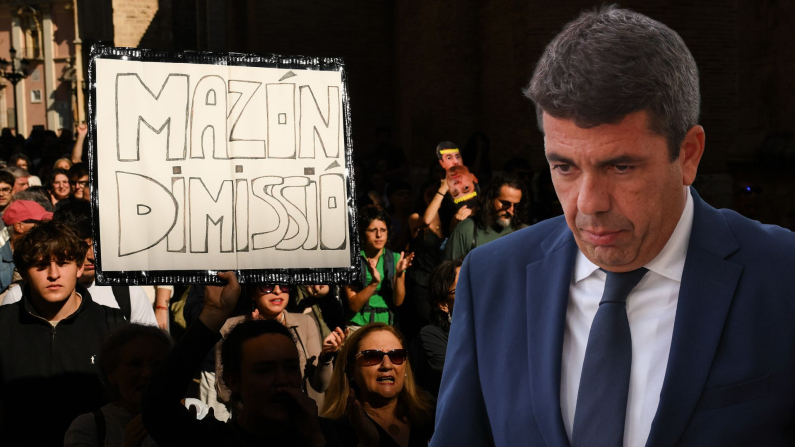 Composición hecha por Epoch Times España con miembros del público marchan en memoria de las 229 víctimas del DANA en la Comunidad Valenciana durante una manifestación, portando una pancarta en la que se lee «Mazón dimite», en referencia al presidente de la Comunidad Valenciana, Carlos Mazón el 29 de octubre de 2025 en Valencia, España (foto de fondo) y el presidente regional de Valencia, Carlos Mazón, llegando para asistir a un acto conmemorativo estatal en memoria de las más de 230 víctimas de las inundaciones del año pasado, en el primer aniversario de la catástrofe, en el complejo cultural y arquitectónico Ciudad de las Artes y las Ciencias de Valencia, el 29 de octubre de 2025. 